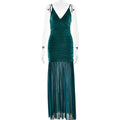 Elegant Straps Tulle Dress Sexy Deep V Plunge Pleated Stitched Backless Maxi Dress