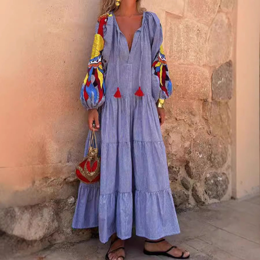Autumn Long Sleeve Arrival V neck Lantern Sleeve Striped Printed Dress