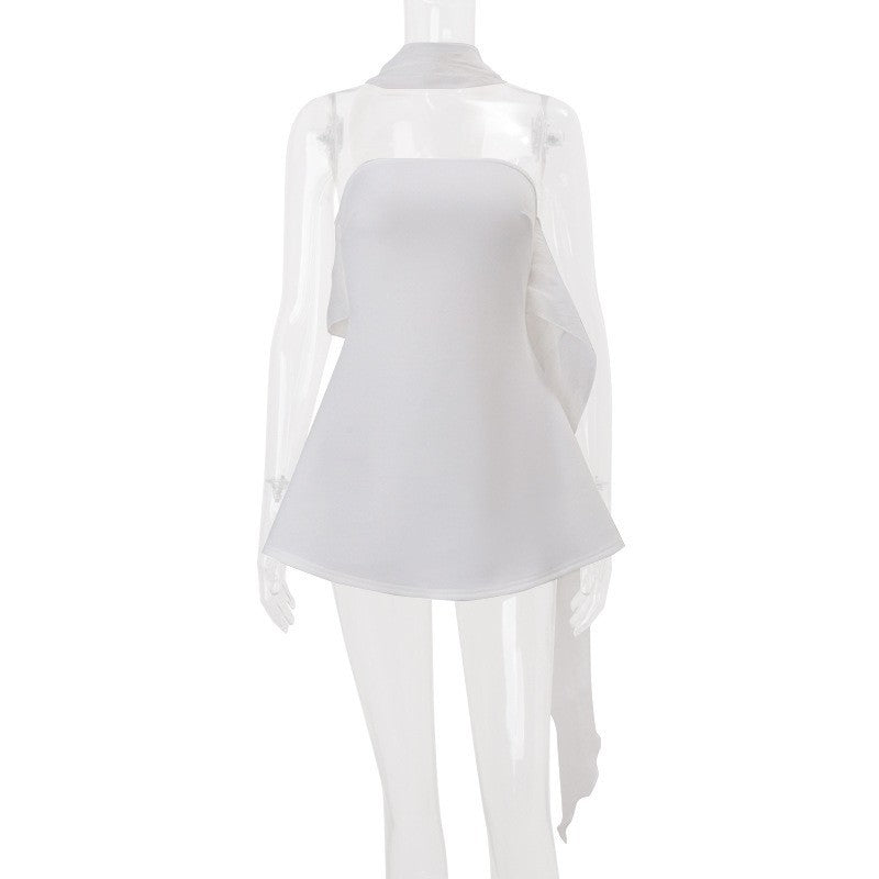 Women Clothing Autumn French Sexy Wind Ribbon Tube Top Solid Color Dress for Women