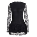 Women Dark Sexy Tight Long Sleeve See through Lace Tiered Dress round Neck Waist Trimming A line Dress