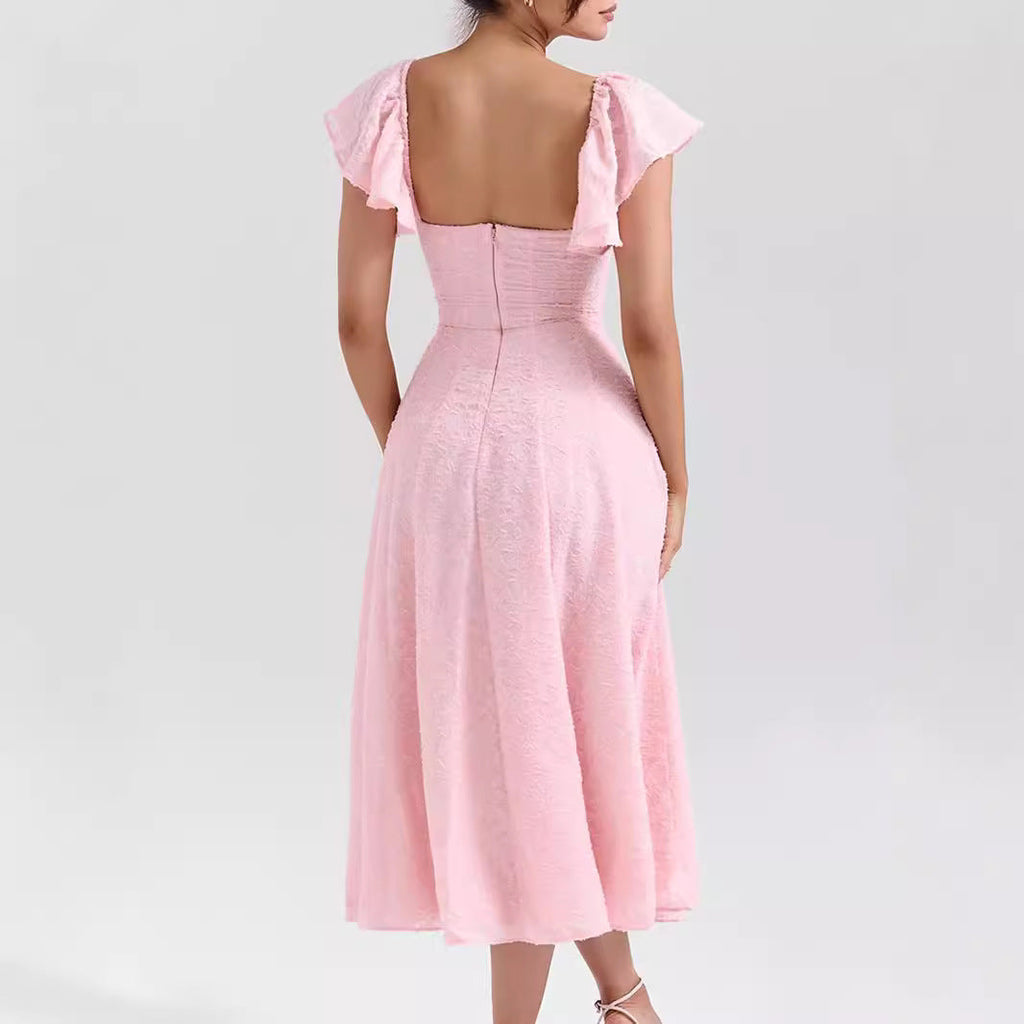Women Wear Pink Sexy Square Neck Fitted Waist Backless Mid Length Dress French Dress