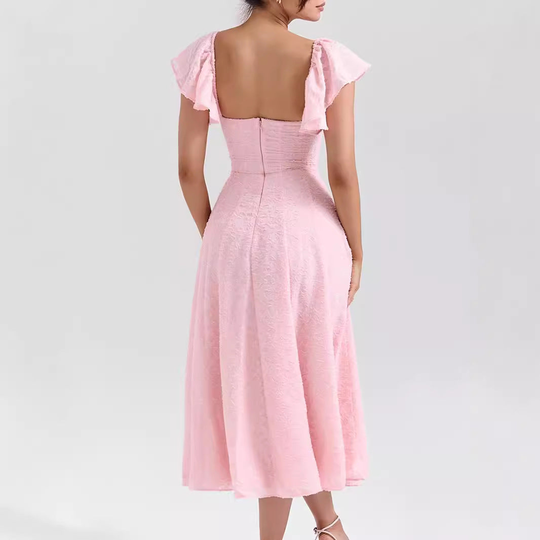 Women Wear Pink Sexy Square Neck Fitted Waist Backless Mid Length Dress French Dress