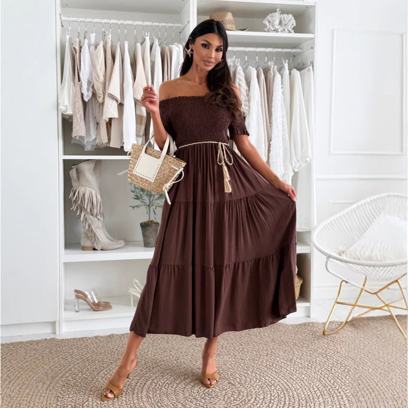 Women Clothing Summer Solid Color off Neck Short Sleeve Elastic Waisted Lace up Stitching Dress