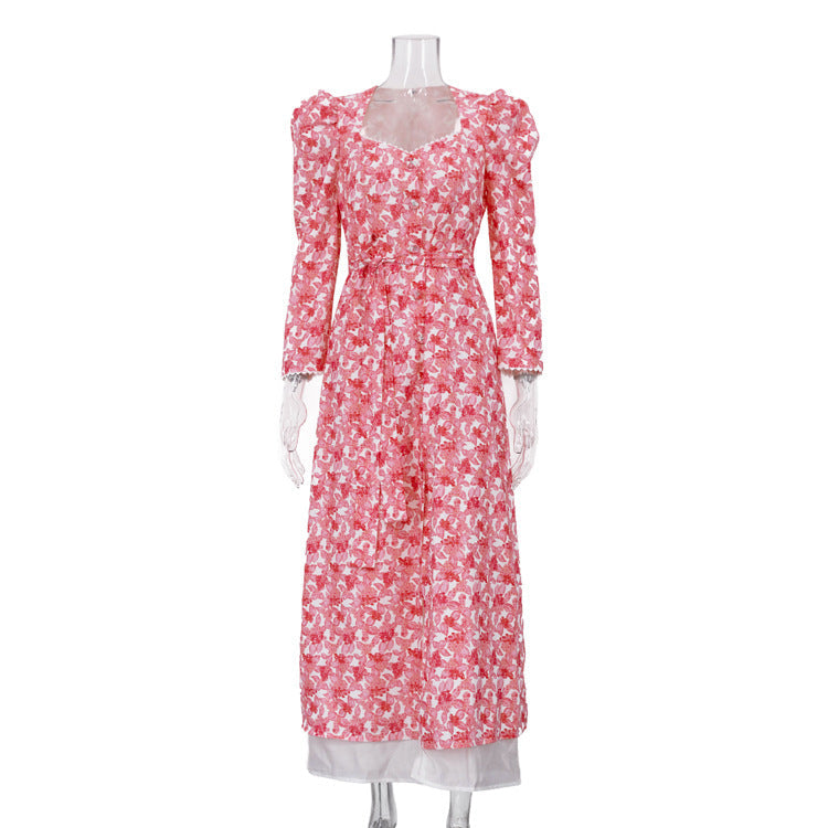 Printing Word Dress Women Square Collar Long Sleeve High Waist Office Dress