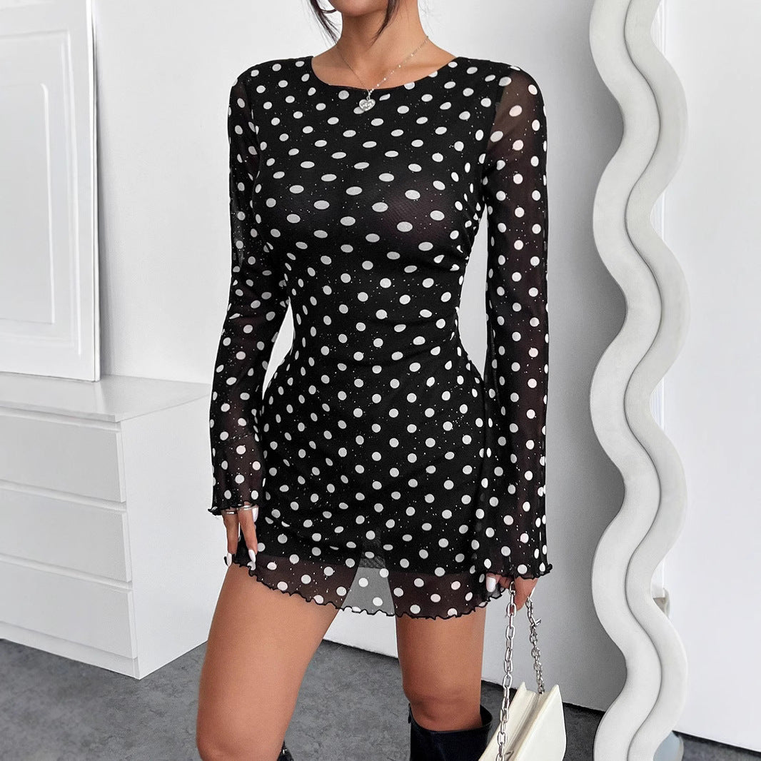 Elegant Mesh Polka Dot Printed round Neck Backless Long Sleeves Dress