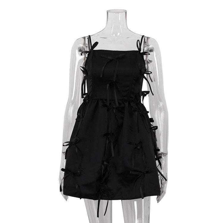 Sexy Backless off Neck Sleeveless Suspender Stitching Design Bow A line Dress Women