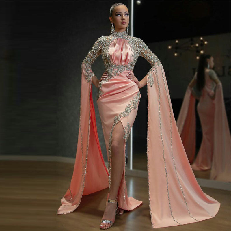 Women Clothing Dress Turtleneck Long Sleeve Dress Slit Irregular Asymmetric Evening Dress