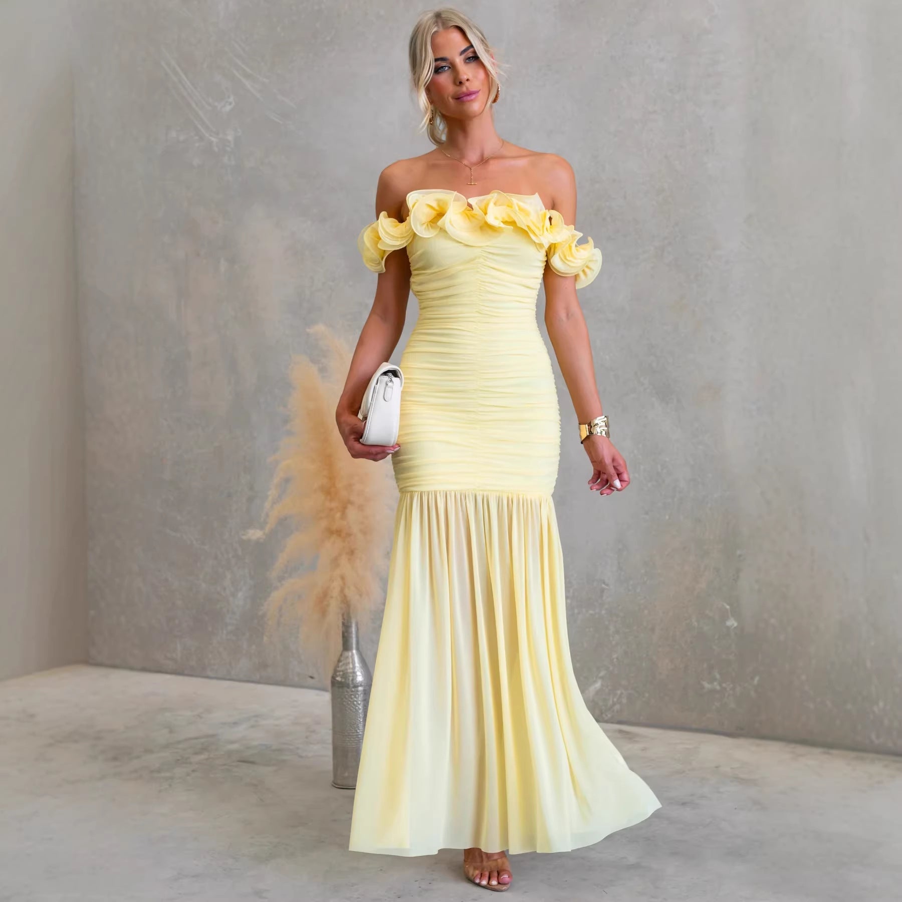 Spring Summer Solid Color Mesh Slim Fit Sexy Vacation off Shoulder Dress