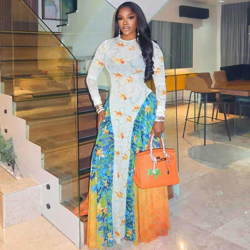 Stitching Women Printed Street Office A line round Neck Long Sleeve Waist Dress