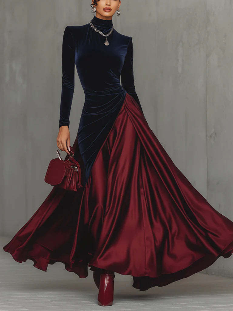 Spring Elegant Big Hem Umbrella Velvet Stitching Contrast Color Turtleneck Dress