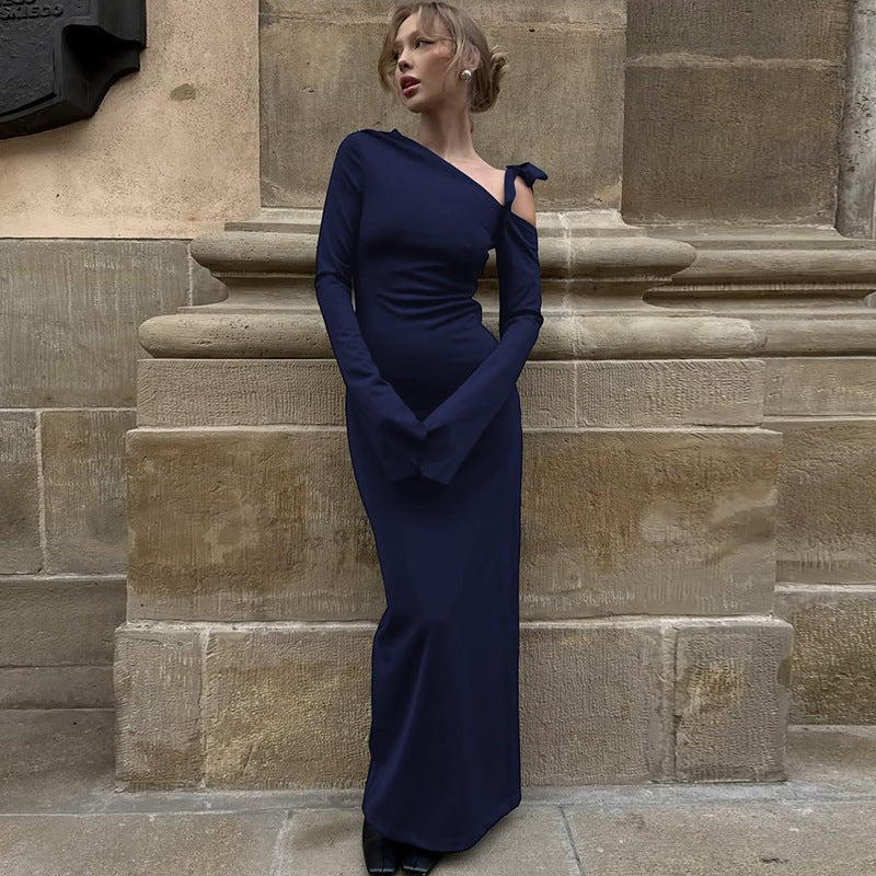 Women Clothing Autumn Sexy off Shoulder Waist Split Long Sleeve Dress Women