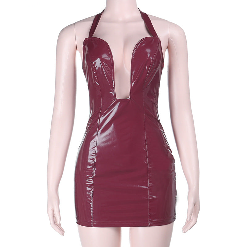 Sexy Faux Leather Halter Hip Spaghetti Straps Dress Spring Slim Fit Dress