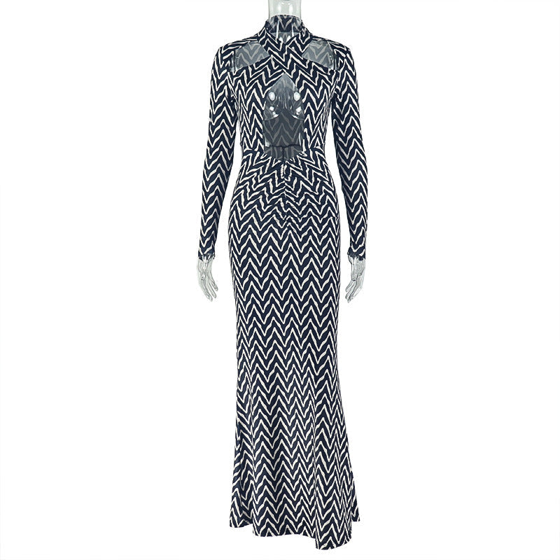 Women Hollow Out Cutout Design Striped Hip Dress Hanging Collar Long Sleeve Printed Dress