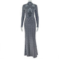 Women Hollow Out Cutout Design Striped Hip Dress Hanging Collar Long Sleeve Printed Dress