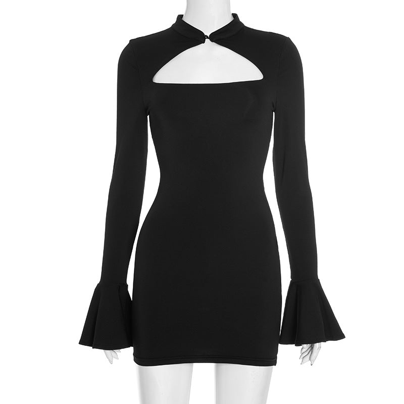 Women Skinny Hollow Out Cutout out Flared Long Sleeve Mini Low Cut Sexy Sheath Dress Women