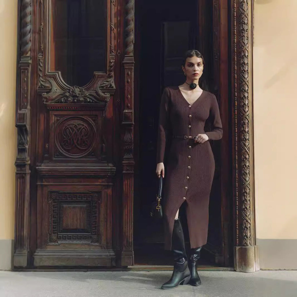 Autumn Winter Long Sleeve Knitted Dress Button Split Russia Hip Wrapped Sweater Cardigan Dress No Belt