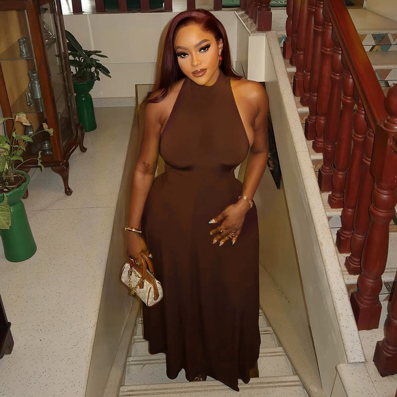Elegant Women Tight Waist Sexy Slim A line Dress round Neck Sleeveless Solid Color Maxi Dress