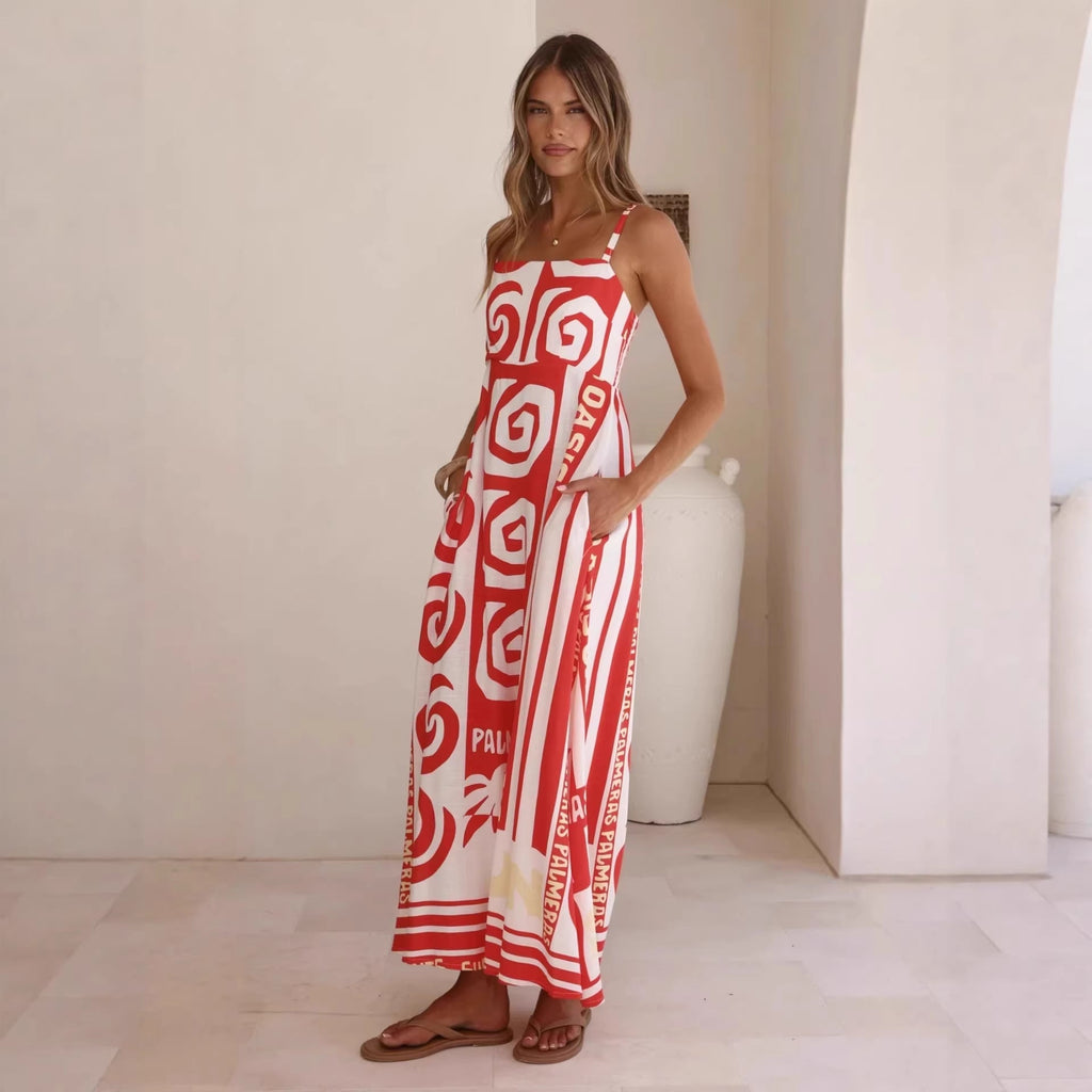 Summer Geometric Abstract Print Vacation Large Swing Cami Dress Women Dress