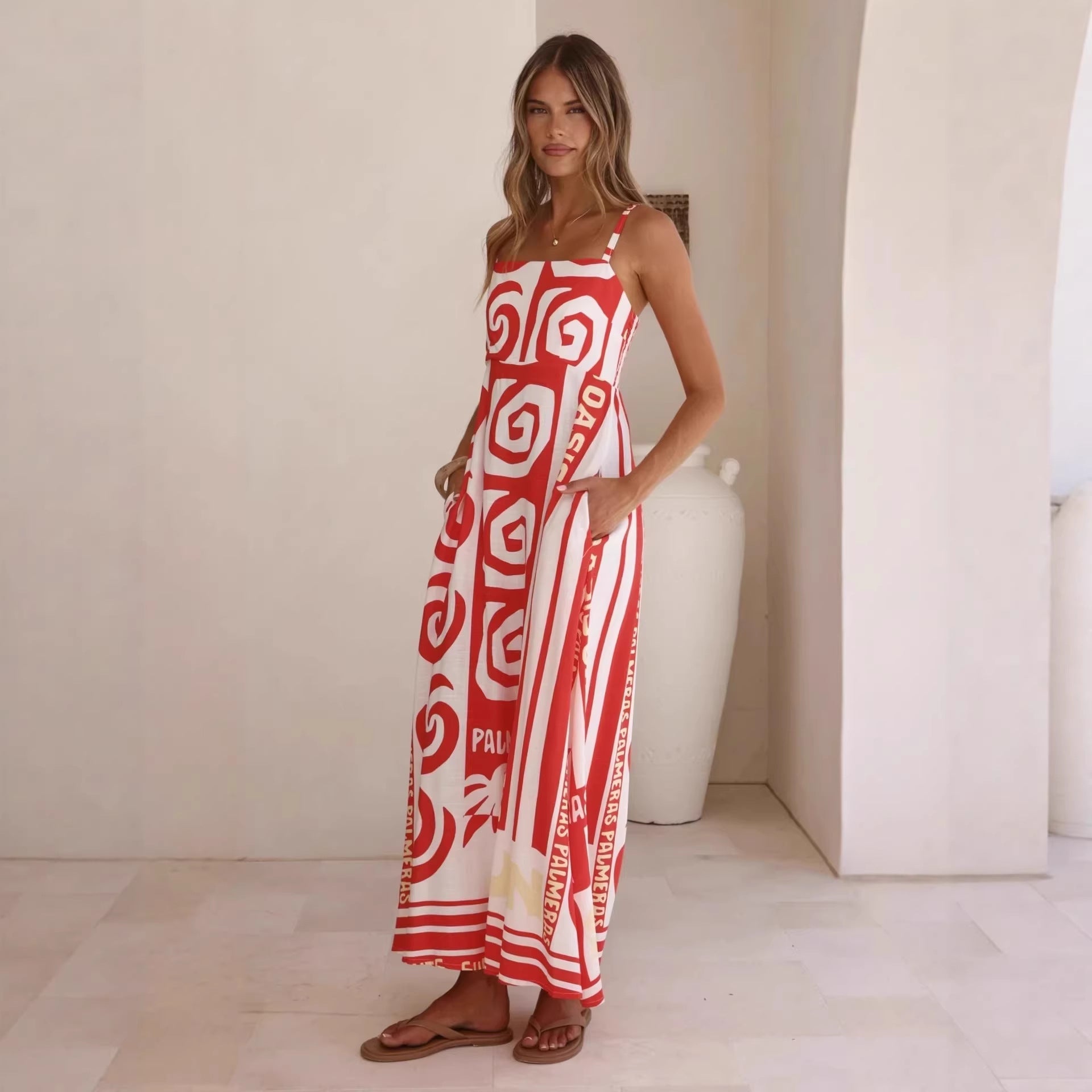 Summer Geometric Abstract Print Vacation Large Swing Cami Dress Women Dress