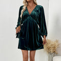 Autumn Winter Elegant Christmas Retro Lantern Sleeve Pleating Deep V Plunge V Neck Velvet Dress Women