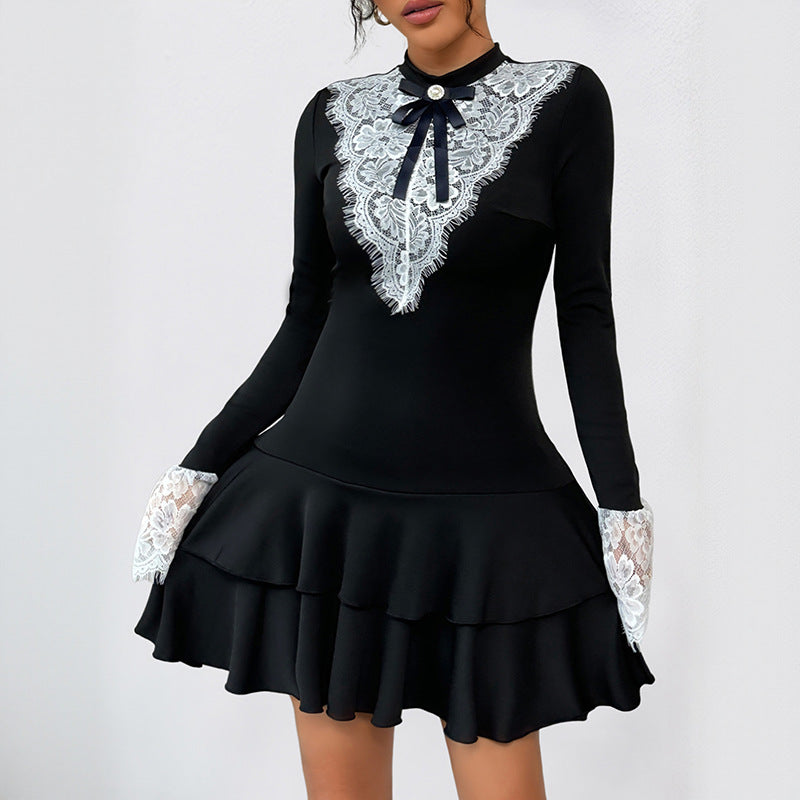 Autumn Lace Bow Patchwork Socialite French Party Elegant Dress