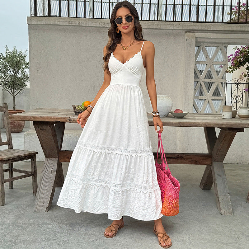 Simple Vacation White Lace Sling Cake Large Swing Dress