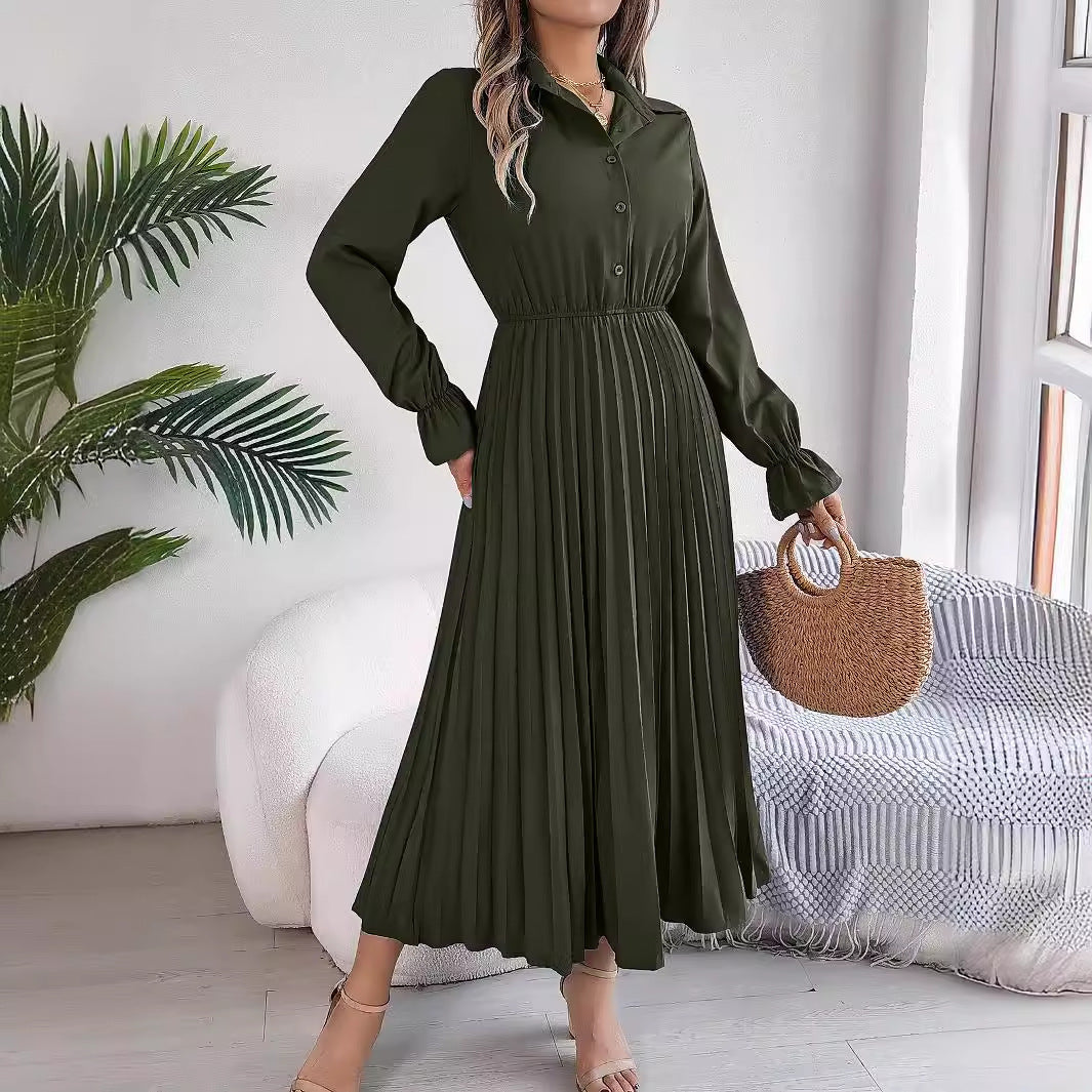 Autumn Winter Casual Collared Button Long Sleeve Cinched Pleated Maxi Dress Women Clothing