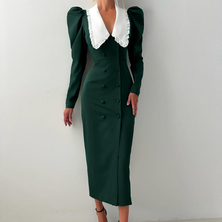 Spring Color Contrast Cardigan Sheath Dress Women Doll Collar Long Sleeve High Waist French Dress