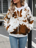 Flash Velvet Autumn Winter Women Clothing Hooded Zipper Plush Printed Cardigan