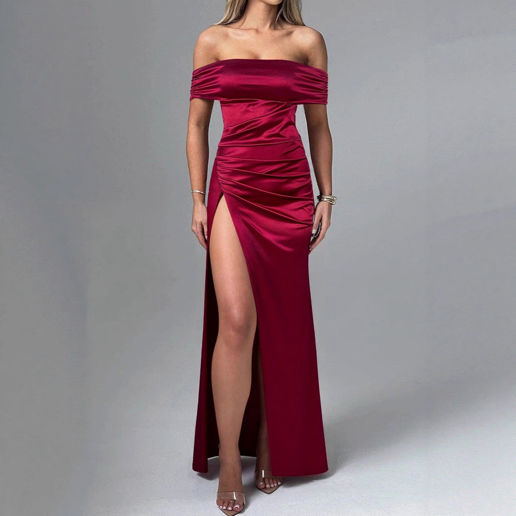Women Dress Sexy High Split off Neck Slimming Elegant Pleated High Grade Dress