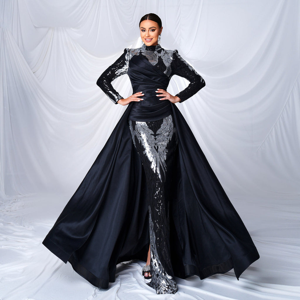 High End Long Sleeve Crew Neck Long Sequined Cocktail Fishtail Evening Dress Bridesmaid Dress Women