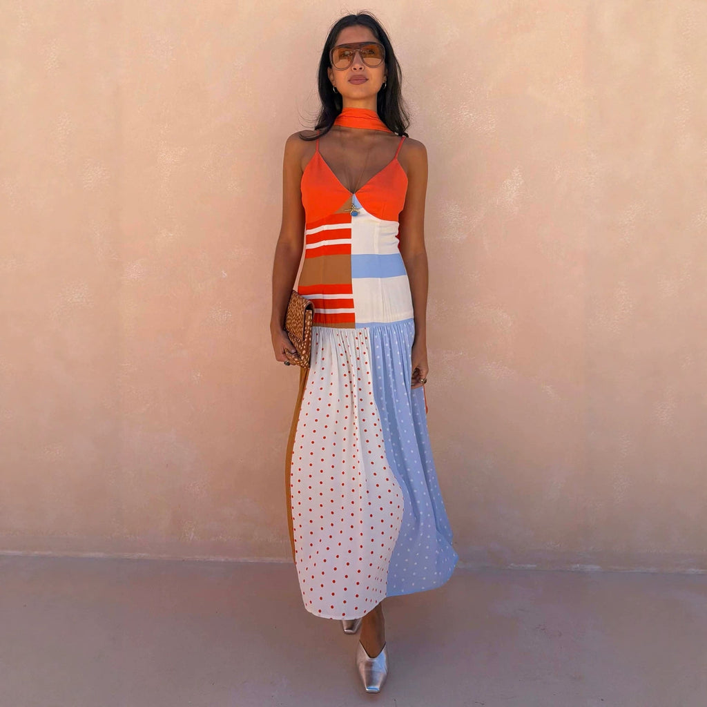 Contrast Color Polka Dot Stitching Cami Dress Summer Vacation Women Dress