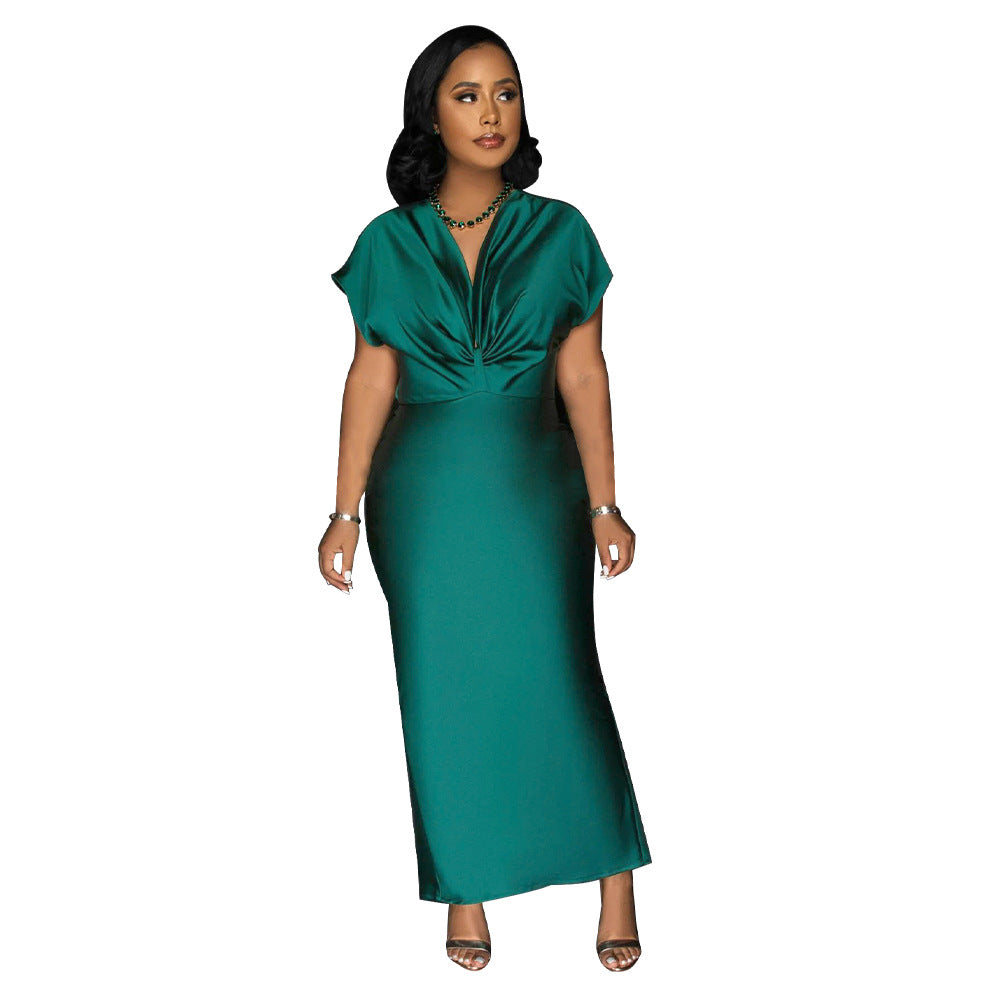 Women Wear V neck Short Sleeve Elegant Slim Back Slit Dress