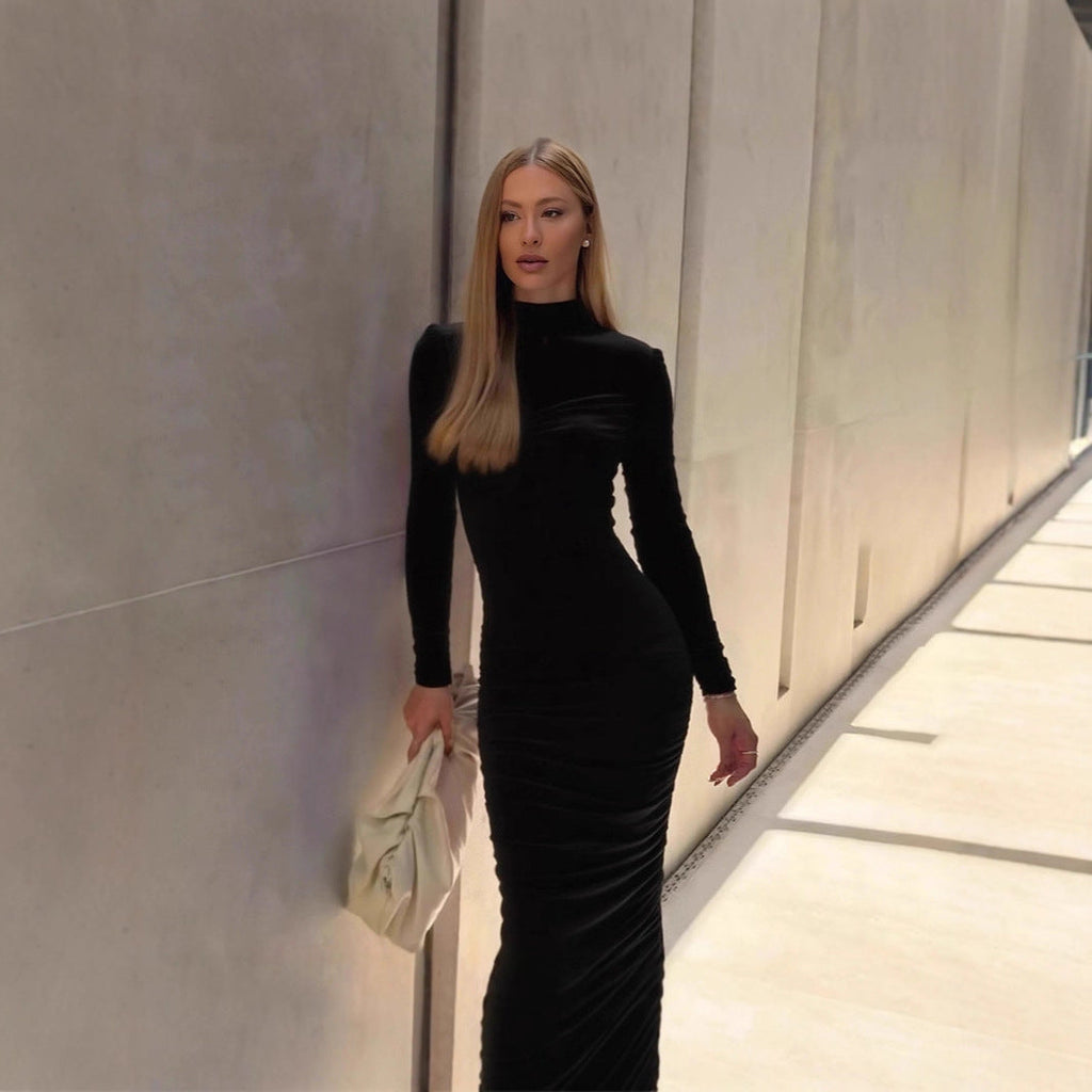 Autumn Elegant Socialite Private Clothing Stand Collar Long Sleeve Waisted Slim Fit Package Hip Pleated Niche Dress