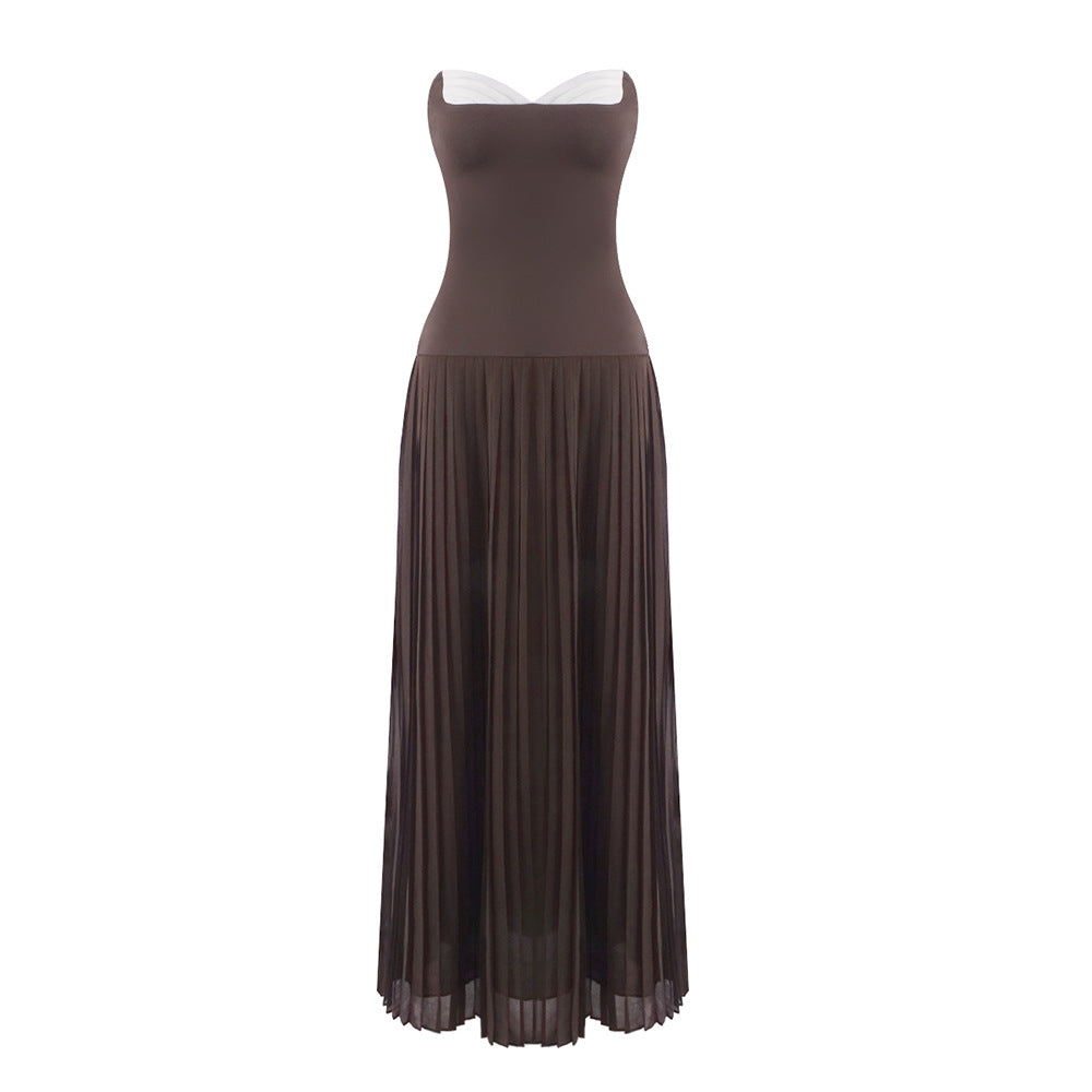 Fall Women Clothing French off Shoulder Ruffled White Coffee Color Matching Pleated Tube Top Dress