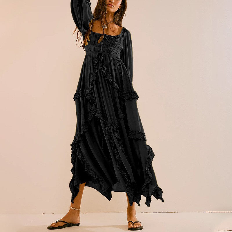 Fall U Collar Ruffled Lace Patchwork Slit Gentle Large Swing Dress Dress