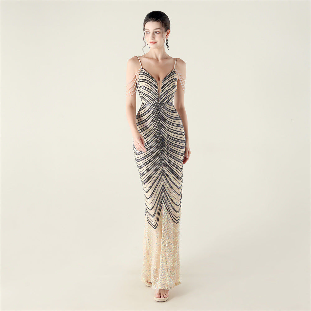 Deep V Plunge neck Wave Gradient Sequin Evening Dress Positioning Floral Cutting Craft Beaded Cocktail Battle Gown