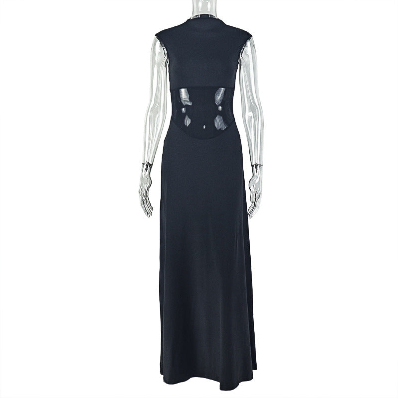 Solid Color Waist Tight Women Clothing Sleeveless Elegant All Matching A line Dress Patchwork Turtleneck Street Maxi Dress
