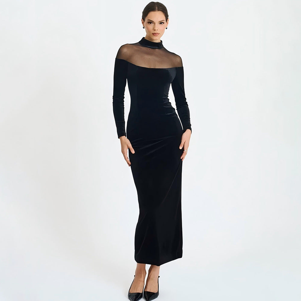 Autumn Winter Wear Voile See through Stitching Dress Sexy Tight Solid Color Dress