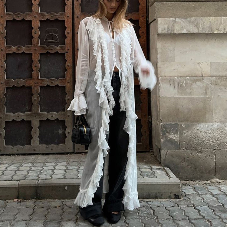 Women Clothing Design Ruffled Chiffon Dress Sexy Sheer Long Sleeve Single Breasted Sexy Dress