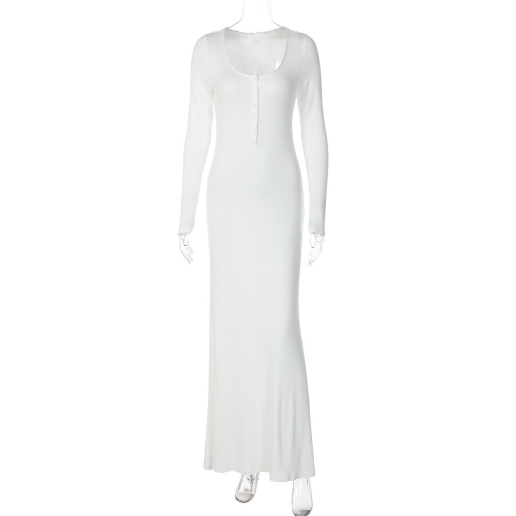 Solid Color Comfort Slim Fit Buttoned U Neck Long Sleeved Sheath Elegant Dress Women Clothing