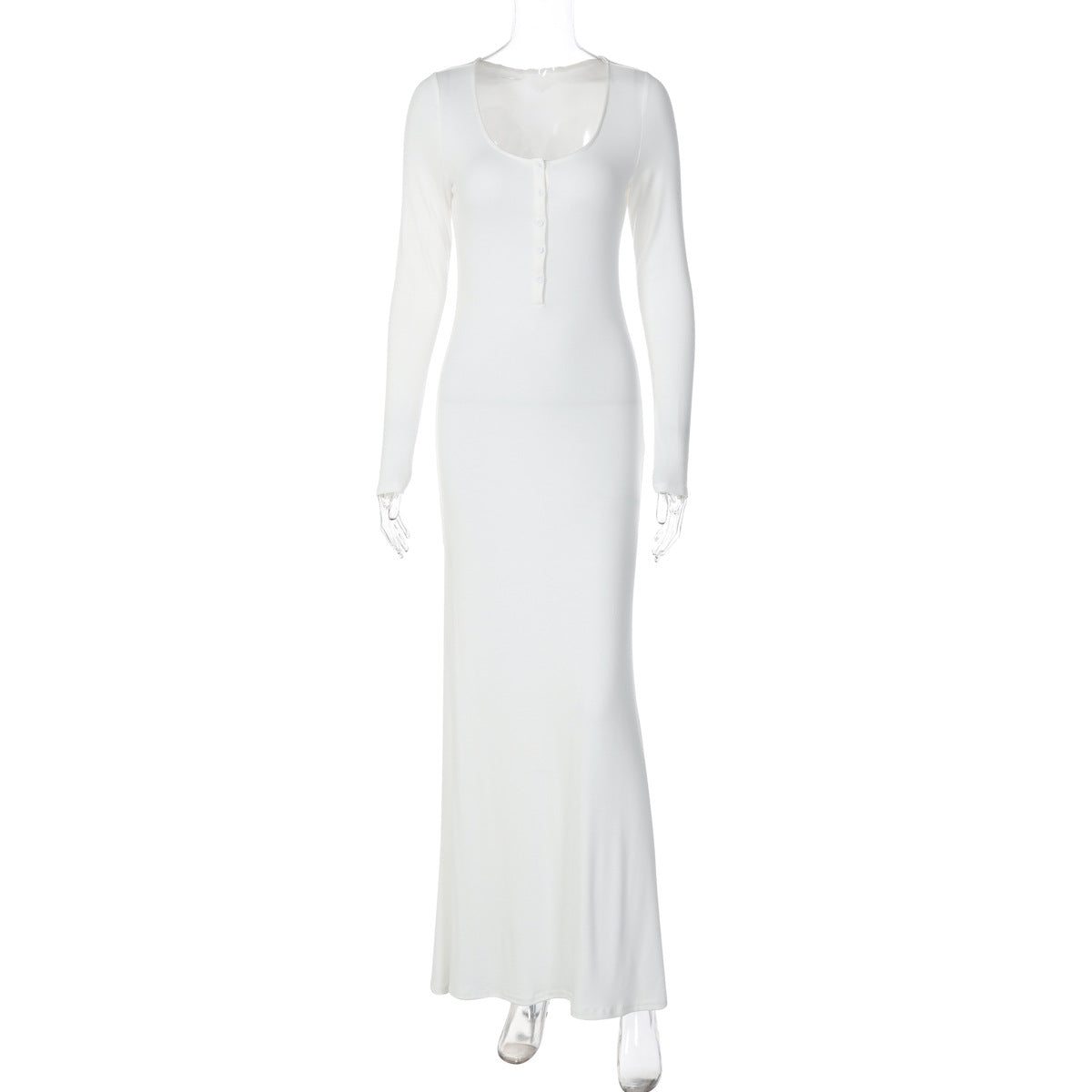 Solid Color Comfort Slim Fit Buttoned U Neck Long Sleeved Sheath Elegant Dress Women Clothing