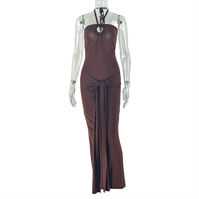Women Clothing Lace up Pleated Slim Fit Corset Hip Hanging Collar Sleeveless Backless Solid Color Maxi Dress