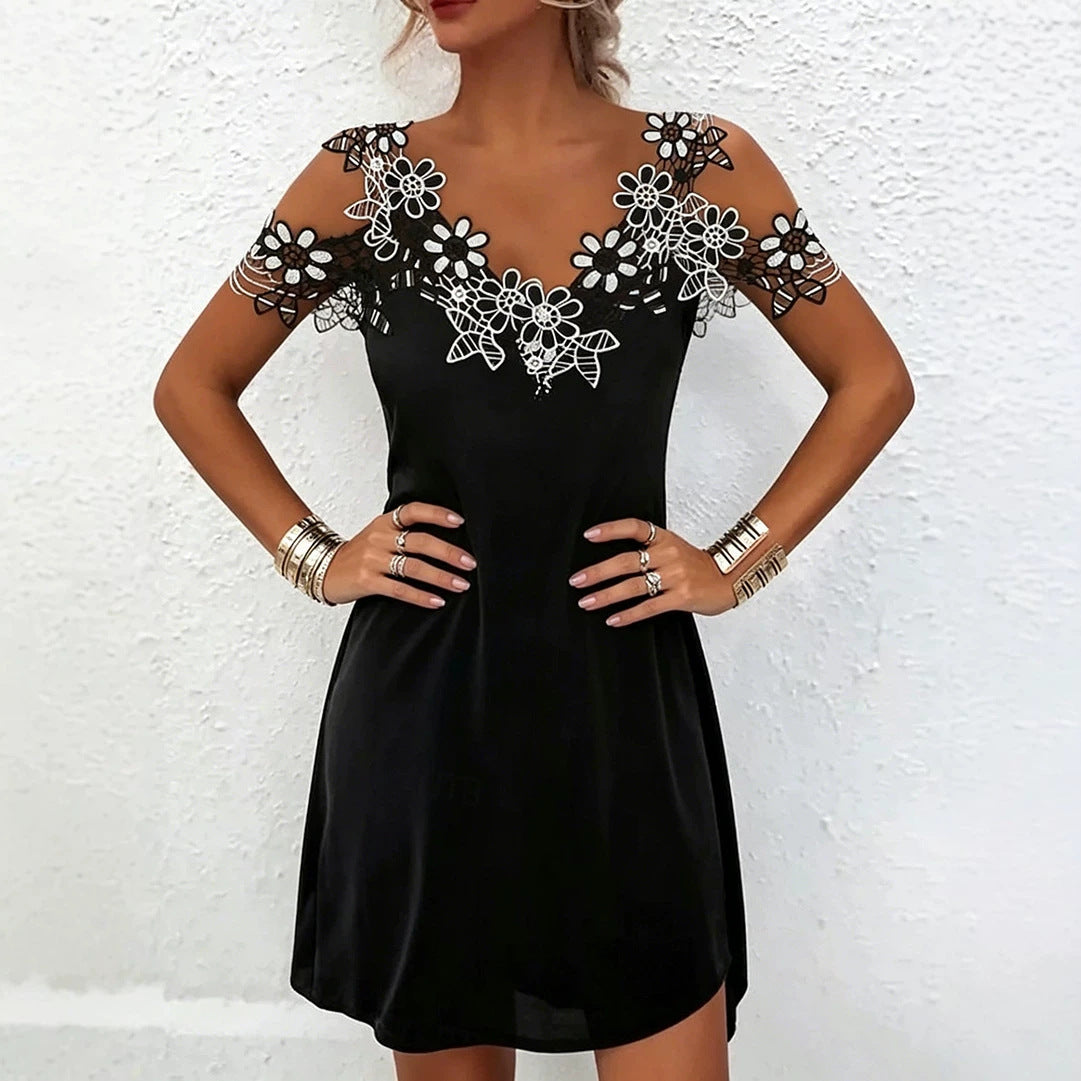 Women Clothing Summer Lace Decoration Shoulder Baring Dress