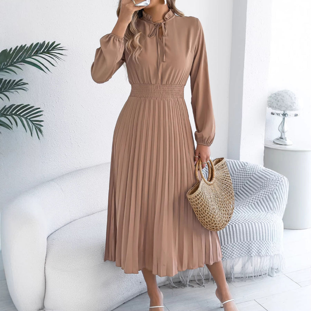 Women Clothing Spring Summer Elegant Lace up Lantern Sleeve Long Pleated Dress
