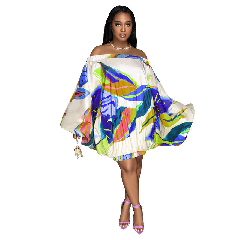 Spring Summer Off Shoulder Loose Elastic Printing Batwing Shirt Long Sleeve Dress