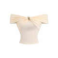 Niche off the Shoulder Short Sleeved Shirt Women Metal Buckle Slim Fit Cropped Short T shirt