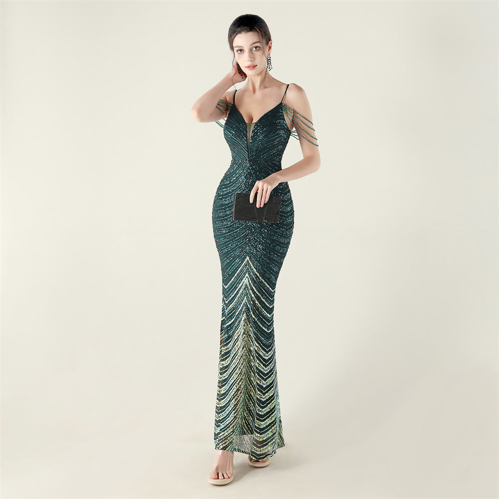 Deep V Plunge neck Wave Gradient Sequin Evening Dress Positioning Floral Cutting Craft Beaded Cocktail Battle Gown