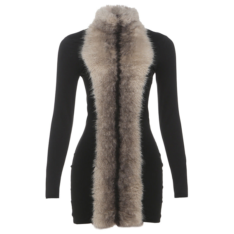 Autumn Winter Women Clothing Fashionable Elegant Sexy Slim Fit Sheath Stitching Fur Collar Dress for Women