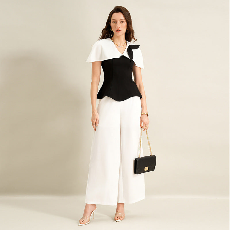 Shirt Long Twet Summer Elegant Office Black White Color Matching Women Clothing
